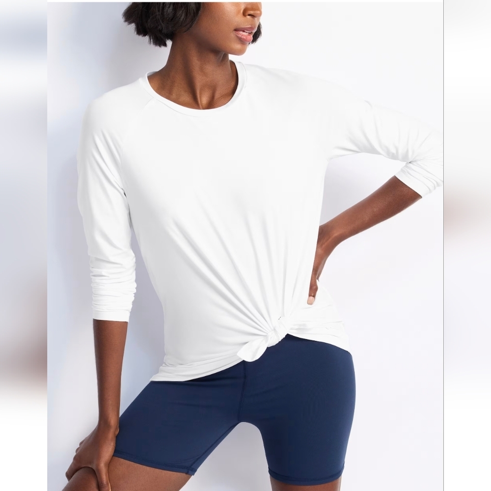 We Wander We Flex Side Tie Performance White Long Sleeve Top
